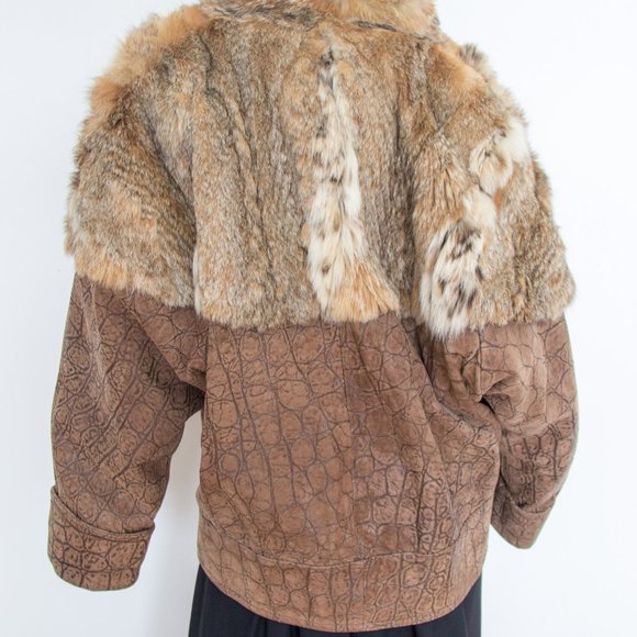 Unisex Leather Real Fur Collar Jacket Bomber Brown Large - Picture 6 of 11